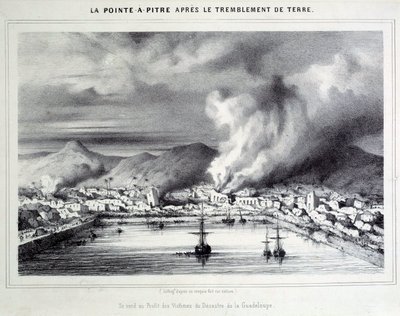 Widok na Pointe a Pitre (Pointe-a-Pitre) po trzęsieniu ziemi z 8.02.1843. Grawerowanie XIX-wiecznego Chartres, Musee des Beaux Arts autorstwa French School
