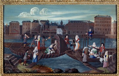 Widok łodzi na ryby i pobielanych łodzi na Quai de la Megisserie w Paryżu Anonimowy obraz szkoły francuskiej. 1670. Paryż, Musee Carnavalet autorstwa French School