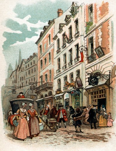 Widok na ulicę Paryża za panowania króla Ludwika XV, pocz. XVIII w. Chromolitografia de la fin du XIX w. Zbiory prywatne autorstwa French School