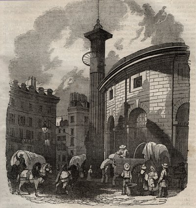 Widok halle au ble w Paryżu (zbudowany w latach 1763-1769) i kolumny Medyceuszy, rycina pocz. XIX w - Giełda pszenicy i zboża w Paryżu (zbudowana w latach 1763-1769), rycina pocz. XIX w. - Widok Halle au ble, umieszczone na obecnym Hotelu de Sois autorstwa French School