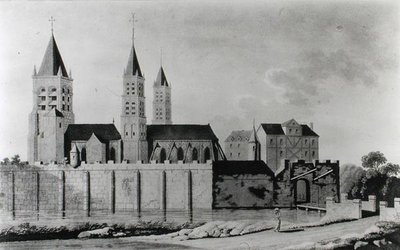 Widok opactwa Saint-Germain-des-Pres na początku XV wieku (litografia) (zdjęcie czarno-białe) autorstwa French School