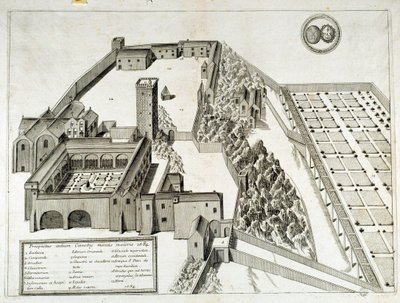 Widok opactwa benedyktyńskiego Saint Pierre de Montmajour (lub Mont Majour), założonego w 948, Arles we Francji (rycina) autorstwa French School