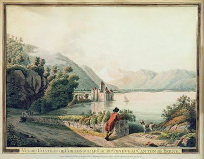 Widok na Chateau de Chillon, Jezioro Genewskie (kolorowa akwaforta) autorstwa French School