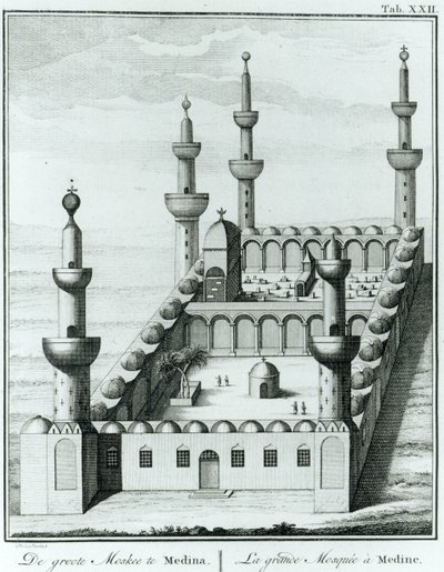 Widok Wielkiego Meczetu w Medynie przed zbezczeszczeniem grobów przez sektę wahabitów, z Description de lArabie Carstena Niebuhra (1733-1815) opublikowanego w 1774 r. autorstwa French School