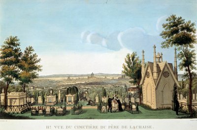 Widok na cmentarz Pere Lachaise w Paryżu. Anonimowa litografia z XIX wieku. Prywatna kolekcja autorstwa French School