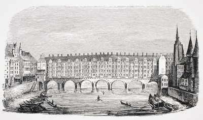 Widok starożytnego Pont-au-Change, z ryciny "Topografia Paryża", z "Le Moyen Age et La Renaissance" Paula Lacroix (1806-84) opublikowanej w 1847 r. autorstwa French School