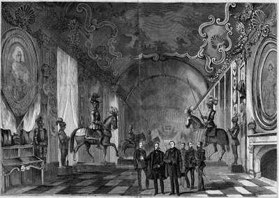 Widok zbrojowni pałacu w Turynie (Włochy) podczas wizyty króla Wiktora Emanuela II (Vittorio Emanuele) (Victor-Emmanuel) (1820-1878) i księcia Napoleona (1822-1891) autorstwa French School