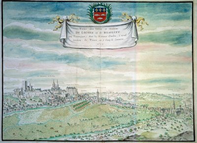 Widok na zamek Loches Widok na Beaulieu les Loches w Indre i Loire. Akwarela szkoły francuskiej. 1699 Paryż, B.N. autorstwa French School
