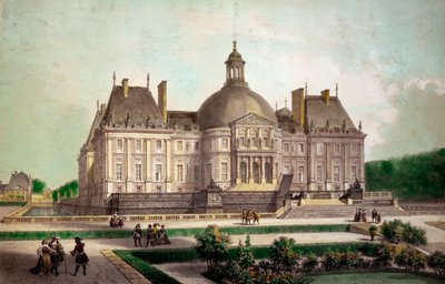 Widok zamku Vaux le Vicomte (Vaux-le-Vicomte) w Maincy (Seine-et-Marne), wybudowanego około 1658 r. Druki z XIX-wiecznej kolekcji prywatnej autorstwa French School