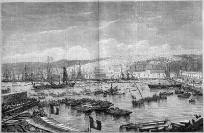 Widok na miasto i port w Algierze (Algieria), podczas przybycia Napoleona III i cesarza Eugenie de Montijo, 17 września autorstwa French School
