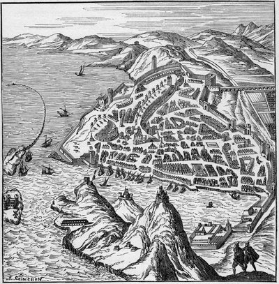 Widok na miasto i port w Marsylii w XVI wieku. Grawerowanie w „La Marine et les colonies: commerce” autorstwa French School