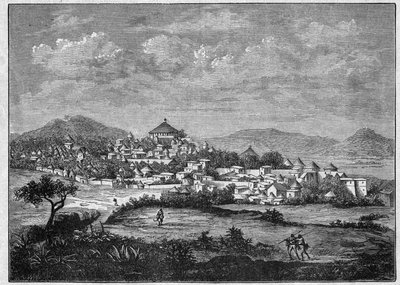 Widok miasta Adoua, stolicy regionu Tygrysów w Etiopii. Grawer z 1896 roku w „L