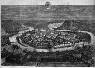 Widok na miasto Besancon w Doubs. Rycina z 1880 r. w prywatnej kolekcji „La republique illustree”. autorstwa French School
