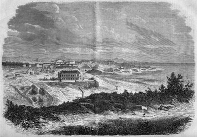 Widok miasta Biarritz, Pireneje Atlantyckie (64) w 1858 r. Grawer „” Le Monde Illustré” nr 75 z 18 września 1858 r. autorstwa French School