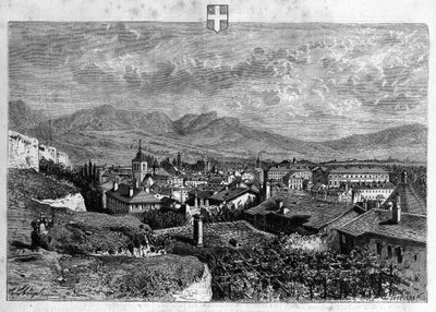 Widok na miasto Chambery w Sabaudii. Rycina z 1880 r. w prywatnej kolekcji „La republique illustree”. autorstwa French School