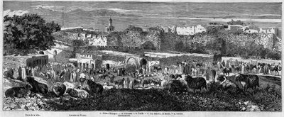 Widok miasta Tanger (Maroko), w dniu marszu arabskiego. Grawer w „Le Monde Illustré” nr 129 z 1 października 1859 r. autorstwa French School