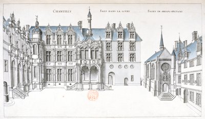 Widok na dziedziniec i kaplicę w Chantilly (pióro, atrament i toaleta na papierze) autorstwa French School
