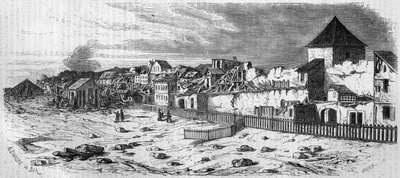 Widok dzielnicy miasta Kastrich w Moguncji (Niemcy), po wybuchu beczki prochu w 1857 roku. Z fotografii. Grawer w „Le Monde Illustré” nr 36 z 19 grudnia 1857 r. autorstwa French School