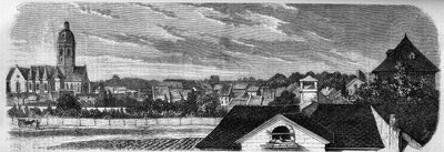 Widok dzielnicy miasta Kastrich w Moguncji (Niemcy), przed wybuchem beczki prochu w 1857 roku. Z fotografii. Grawer w „Le Monde Illustré” nr 36 z 19 grudnia 1857 r. autorstwa French School