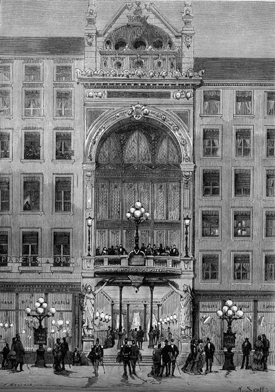 Widok fasady teatru Bellecour w Lyonie, zbudowanego przez Julesa Chatrona (1831-1884) w 1879 r. Grawer „”Le Monde Illustré” nr 1176 z 11 października autorstwa French School