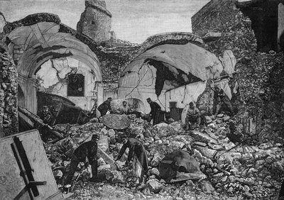 Widok na ruiny Chiese del Purgatorio, zniszczonych podczas trzęsienia ziemi w 1881 roku na wyspie Ischia (Włochy). Grawerowanie autorstwa Quesnela w „” The Illustrous World”” nr 1254 z 9 kwietnia 1881 r. autorstwa French School