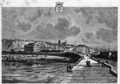 Widok na miasto Boulogne w Pas de Calais. Rycina z 1880 r. w prywatnej kolekcji „La republique illustree”. autorstwa French School