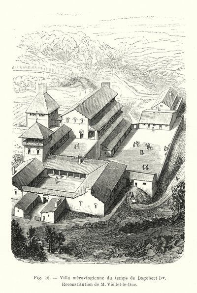 Willa Merowingów z czasów Dagoberta I, Rekonstrukcja M. Viollet-le-Duc (ryt) autorstwa French School