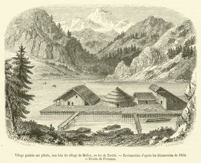 Galijska wieś na palach, niedaleko wsi Meilen, nad Jeziorem Zuryskim (rycina) autorstwa French School
