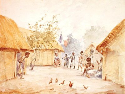Wieś na Madagaskarze w czasie jej podboju przez Francję w latach 1895-96 (akwarela na papierze) autorstwa French School