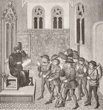 Złoczyńcy otrzymujący Order Lordów przed pójściem do pracy, po miniaturze w rękopisie z XV wieku, z Le Moyen Age et La Renaissance autorstwa Paula Lacroix (1806-84) opublikowanej w 1847 roku autorstwa French School