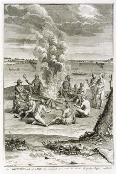 Wirginianie oddają cześć ogniu i radują się uwolnieni od znacznego niebezpieczeństwa, ilustracja z ceremonii i zwyczajów religijnych, ryty przez Bernarda Picarta (1673-1733) 1721 autorstwa French School