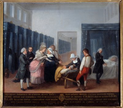 Wizyta Monsieur i Madame Necker w hospicjum charytatywnym Jest to szpital (obecnie Necker Hospital w Paryżu) założony przez ministra i jego żonę, żonę Lettresa w 1778 r. Obraz szkoły francuskiej. 18 wiek. Paryż, Musee de l