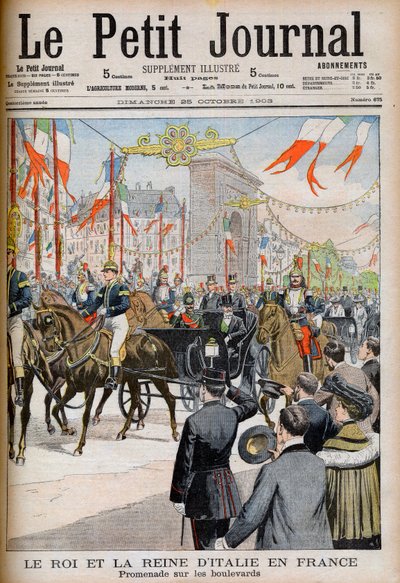 Wizyta króla i królowej Włoch we Francji. Król i królowa Włoch we Francji. Promenada na bulwarach z prezydentem Republiki Francuskiej Emilem Loubetem - Ilustracja do Le petit Journal, 25 października 1903 - Victor Emmanuel III (Victor-Emma autorstwa French School