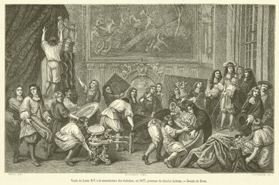 Wizyta Ludwika XIV w Manufakturze des Gobelins, 1677 (rycina) autorstwa French School