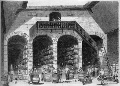 Uprawa winorośli: widok wnętrza krzemu i piwnic M. Cruse et fils freres, Bordeaux, Gironde (33) autorstwa French School