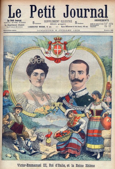 Vittorio Emanuele III di Savoia i Elena di Savoia - Król Wiktor Emanuel III i królowa Włoch Elena. Wiktor Emanuel III, król Włoch i królowa Helena. Ilustracja do Le petit Journal, 5 lipca 1903. autorstwa French School