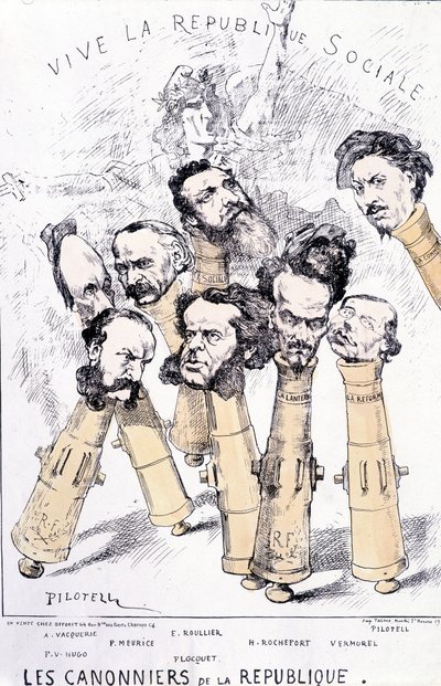 Niech żyje republika społeczna - Kanonierki Republiki: A. Vacquerie, F.V. Hugo, P. Meurice, E. Roullier, Flocquet, H. Rochefort, Vermorel, Pilotell. Kreskówka. autorstwa French School
