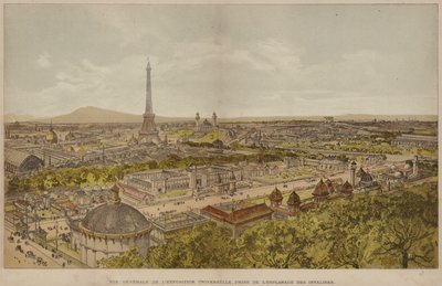 Widok ogólny wystawy światowej, zaczerpnięty z Esplanade des Invalides (kolorowy grawerunek) autorstwa French School