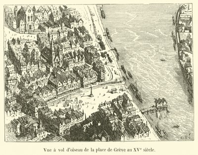 Widok z lotu ptaka na Place de Greve w XV wieku autorstwa French School