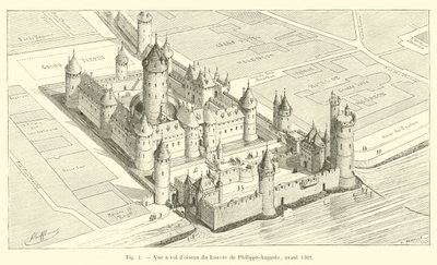 Widok z lotu ptaka na Luwr autorstwa Philippe-Auguste, przed 1362 autorstwa French School