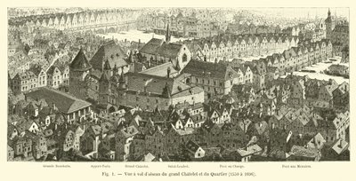 Widok z lotu ptaka na Grand Chatelet i Quartier, 1550-1696 autorstwa French School