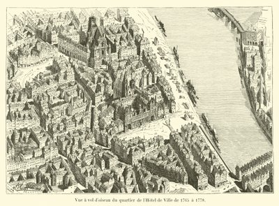 Widok z lotu ptaka na dzielnicę Hotel de Ville w latach 1765-1778 autorstwa French School
