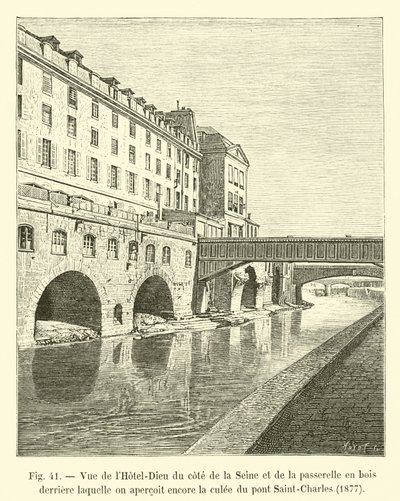 Widok na Hôtel-Dieu od strony Sekwany i drewnianą kładkę, za którą do dziś widać przyczółek mostu Saint-Charles, 1877 autorstwa French School