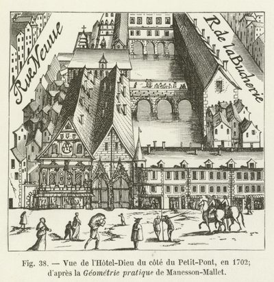 Widok Hôtel-Dieu od strony Petit-Pont, 1702 r.; zgodnie z praktyczną geometrią Manessona-Malleta autorstwa French School