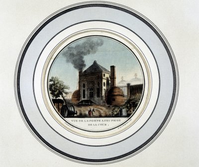 Widok pompy strażackiej z dziedzińca - litografia w „Malownicze widoki głównych budynków Paryża” autorstwa sierżanta autorstwa French School
