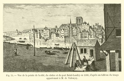 Widok na cypel miasta, krużganek i port Saint-Landry w 1590 roku; z tablicy czasowej należącej do pana de Valencay autorstwa French School