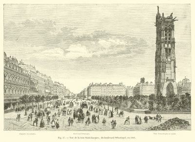 Widok na Tour Saint-Jacques, z Boulevard Sebastopol, w 1866 r. autorstwa French School