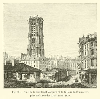 Widok na wieżę Saint-Jacques i Cour du Commerce, zaczerpnięty z rue des Arcis przed 1830 r. autorstwa French School