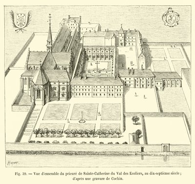 Ogólny widok klasztoru Sainte-Catherine du Val des Ecoliers, w XVII wieku; z ryciny Cochin autorstwa French School