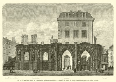 Widok ruin Hôtel-Dieu po pożarze w 1772 r.; z rysunku czasu przekazanego przez M le baron Pichon autorstwa French School